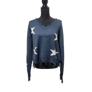 Cropped Star Sweater in Navy Blue Size Large